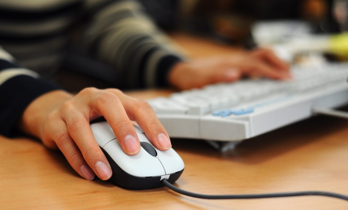 A person using a mouse and keyboard.