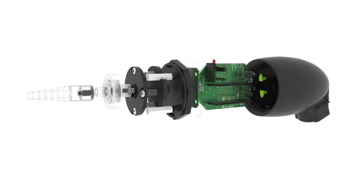 A close-up of the LipSync device.