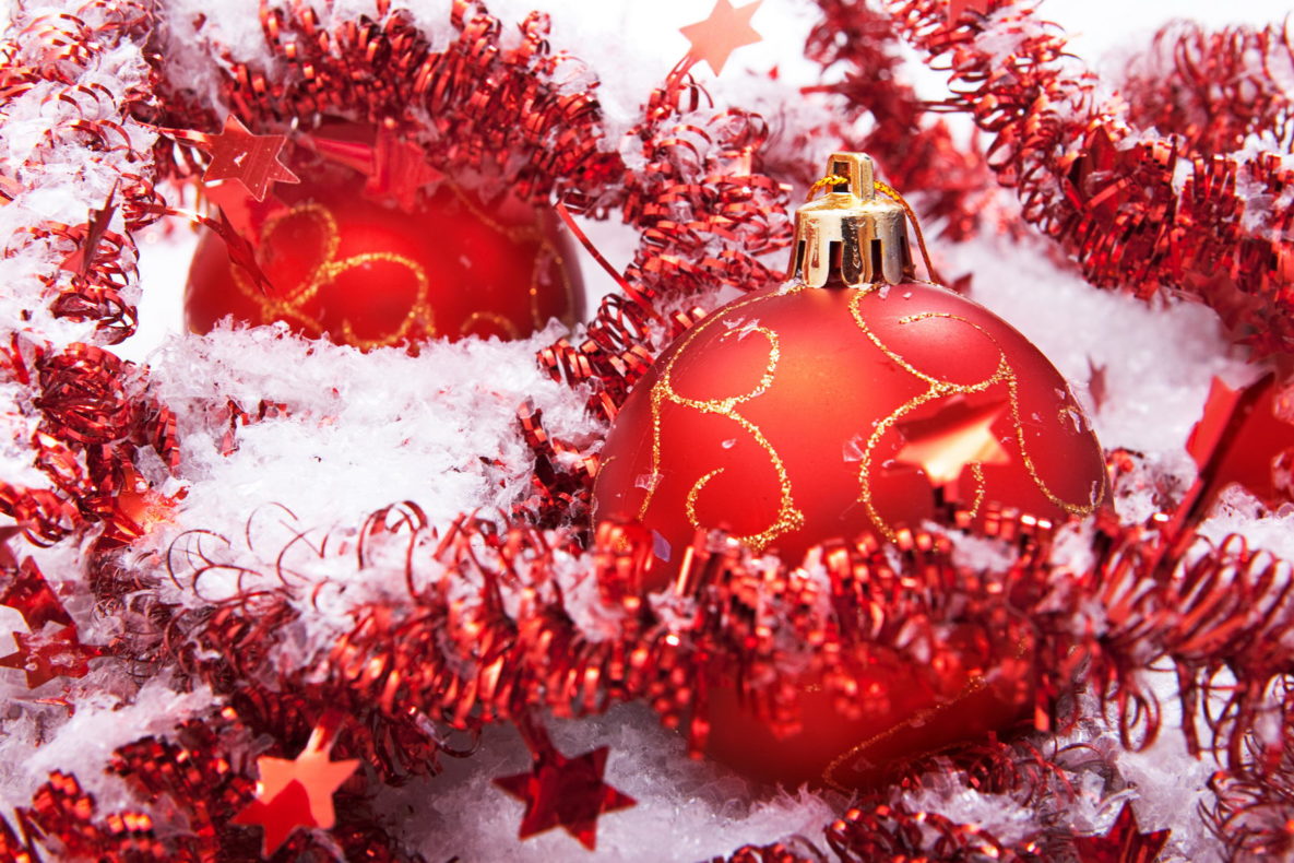 Christmas balls with snow close-up.