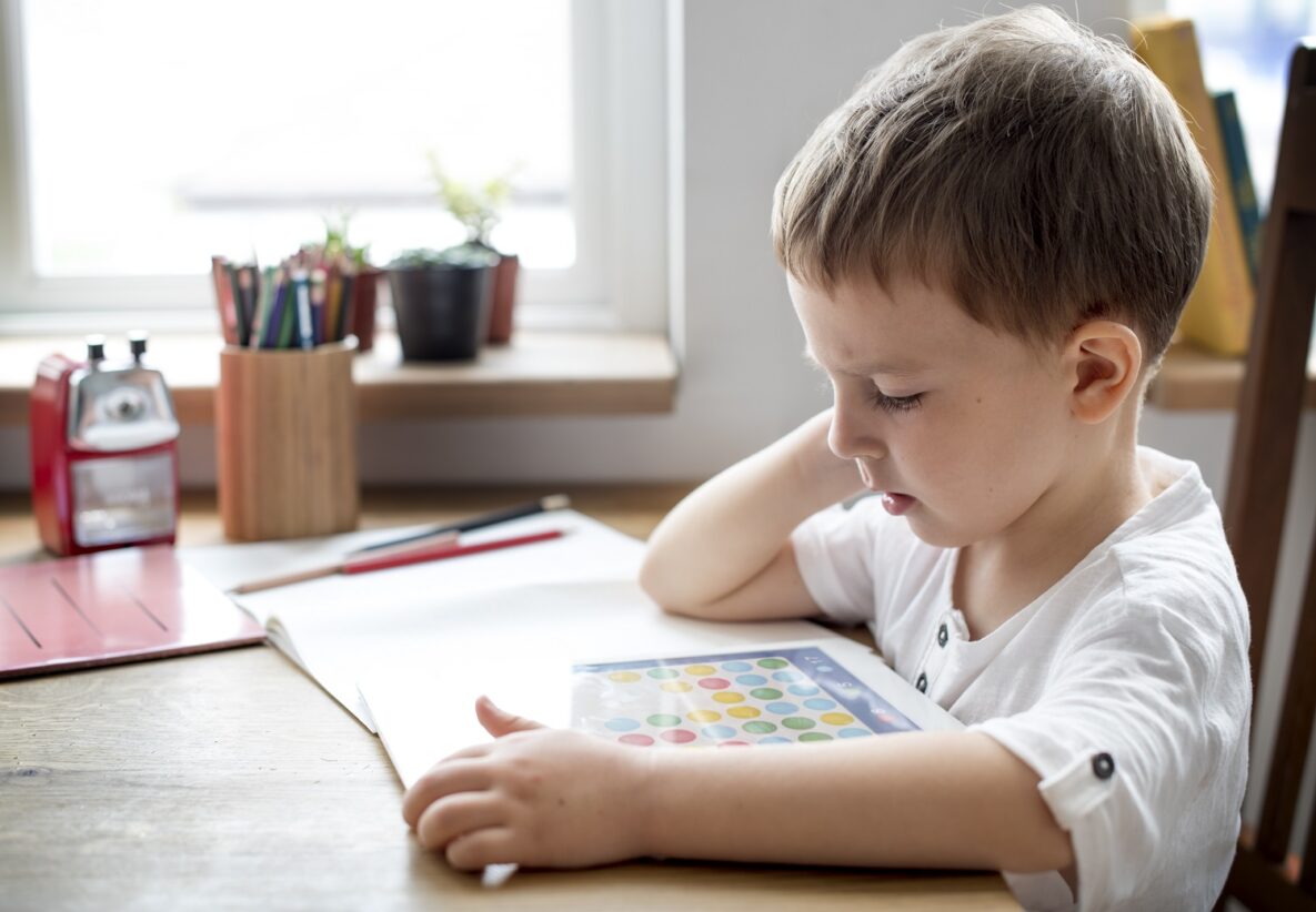 A young boy using a tablet.
