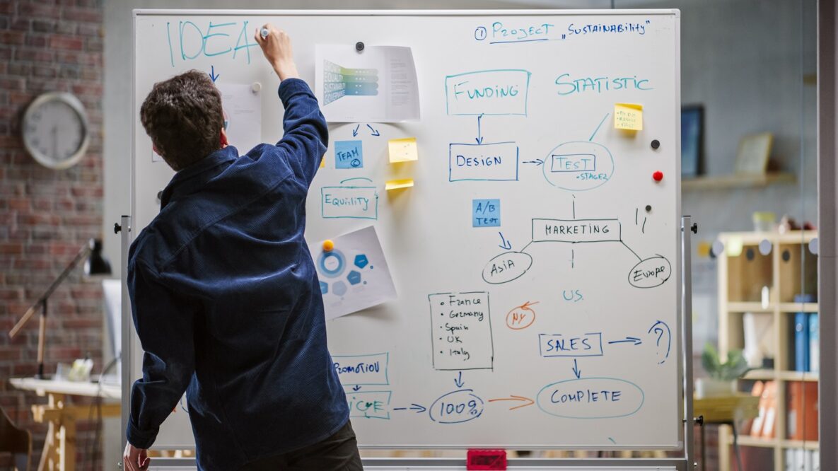 A man using a whiteboard to mind map ideas.